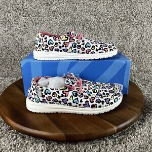 Size Youth 5 / Womens 6 - Hey Dude Wendy Youth Girls White Leopard Shoes Hearts